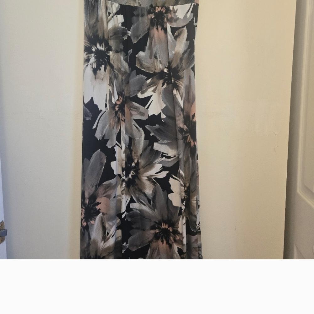 Stretch Jersey Floral Strapless Maxi Dress in Black, Gray & Pink